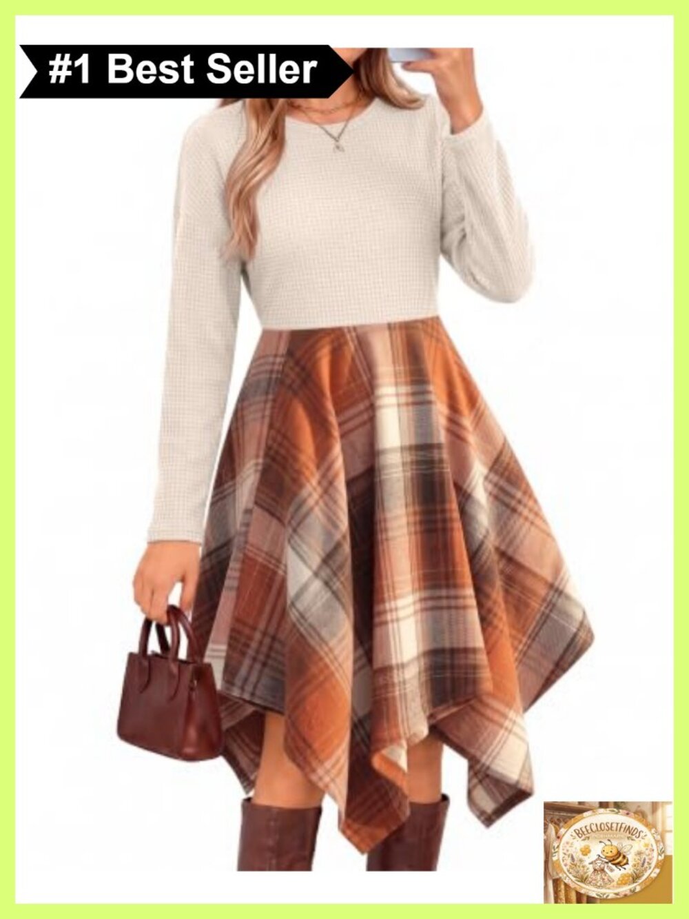 Girls Long Sleeve Waffle Plaid Dress Knee Length Casual Fall